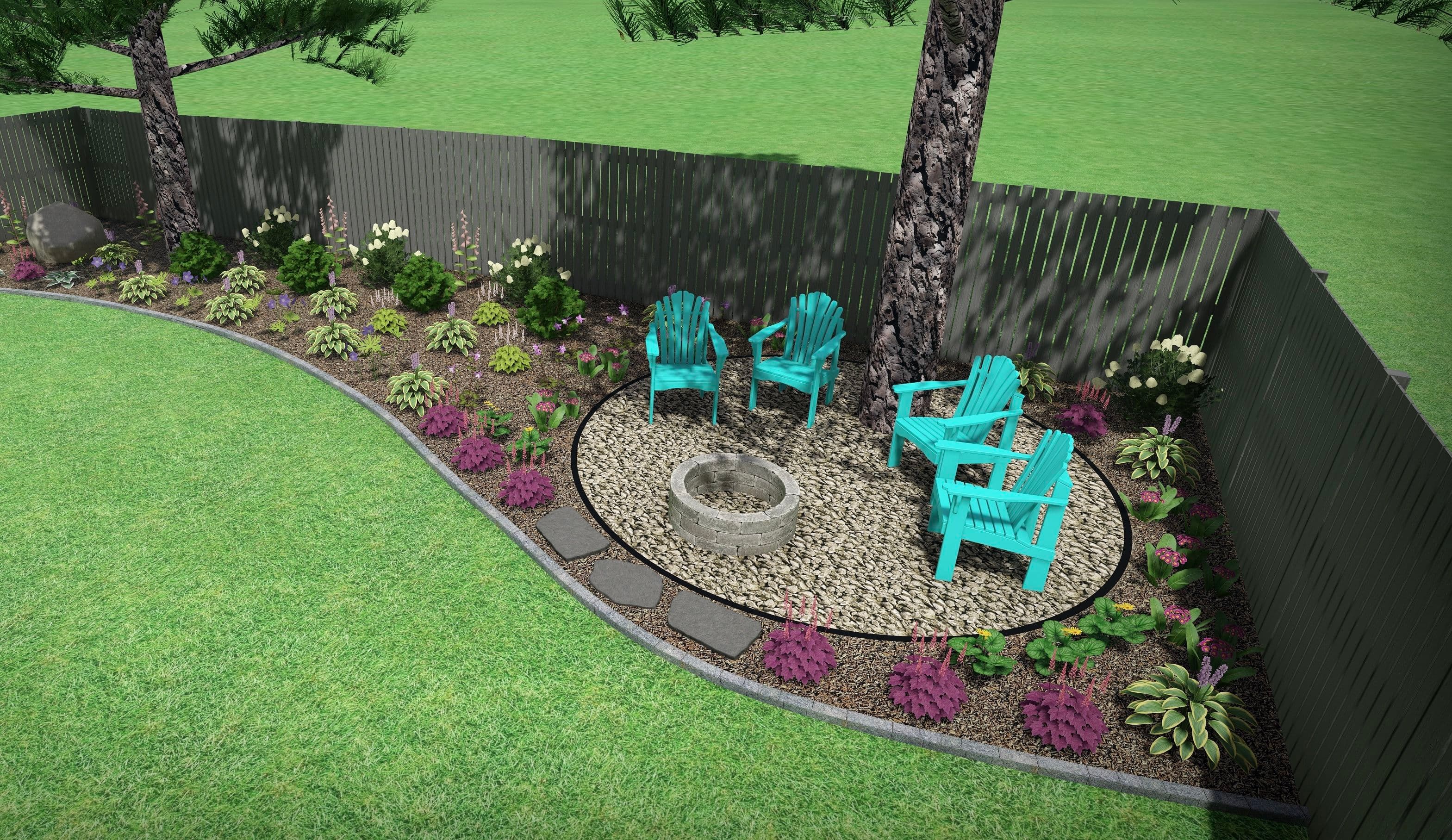 Backyard landscape design featuring teal chairs, a fire pit, and lush garden beds.