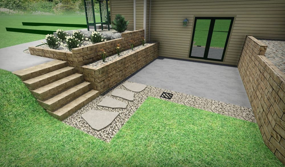 Landscape design featuring stone steps, planters, and a gravel patio beside a house.
