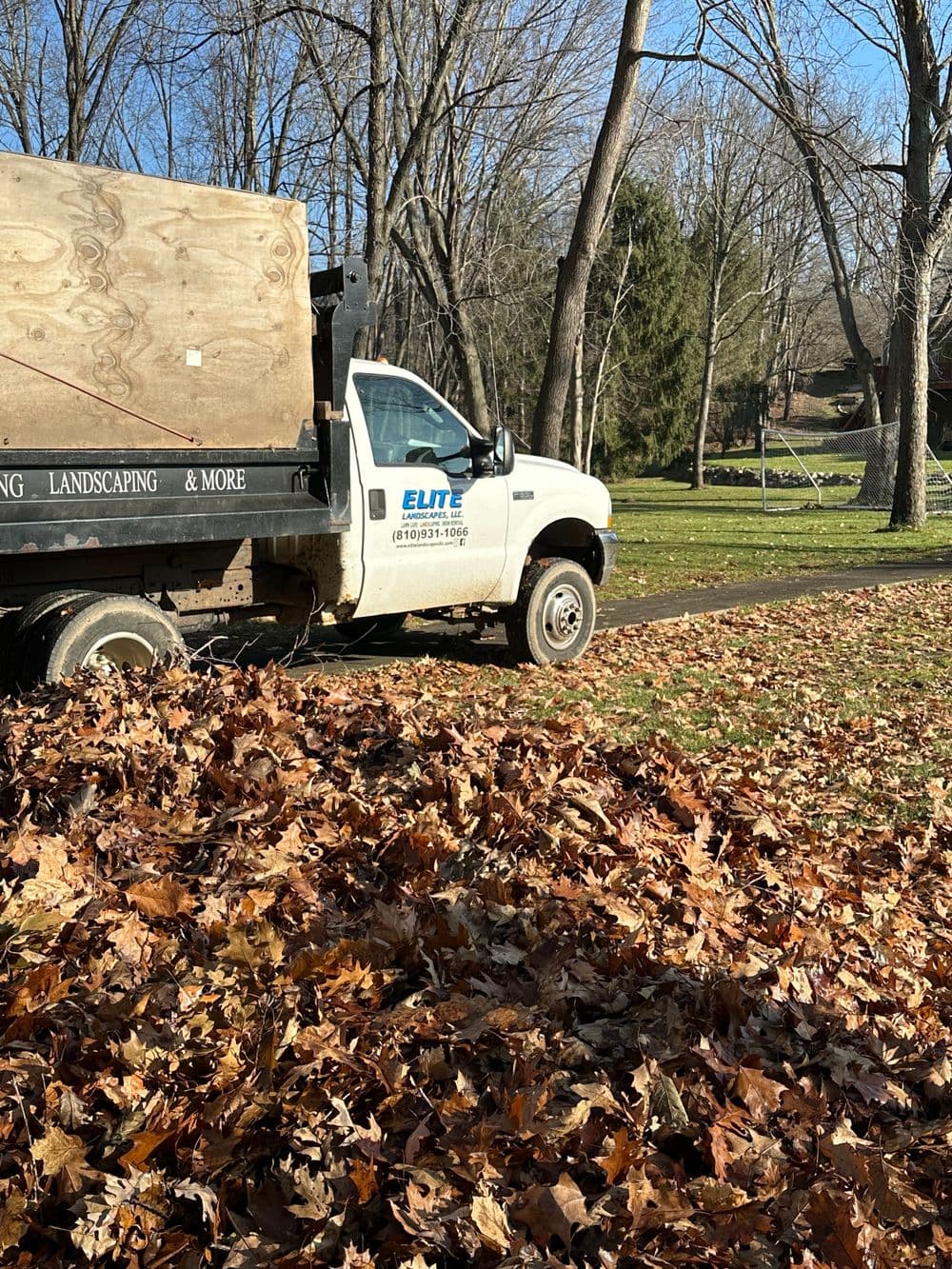 Elite landscaping truck parked by a pile of autumn leaves in a green park setting.