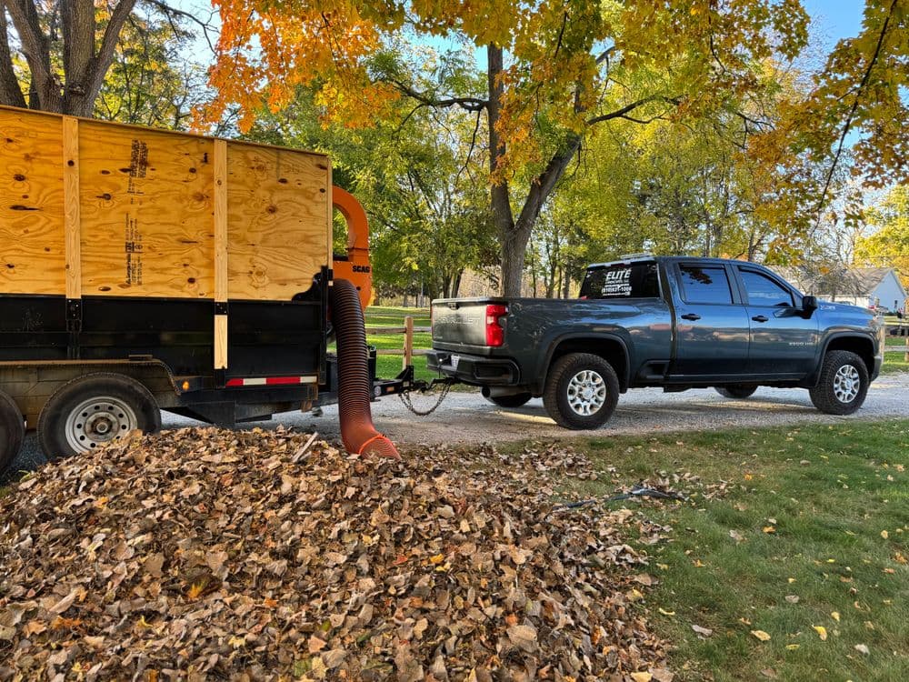 Pickup truck towing a leaf vacuum trailer, surrounded by autumn leaves in a park setting.