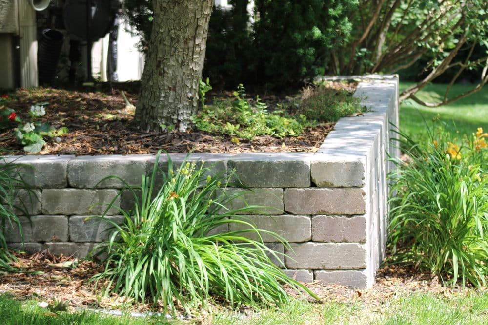 Landscaping retaining wall with plants and greenery in a residential garden setting.