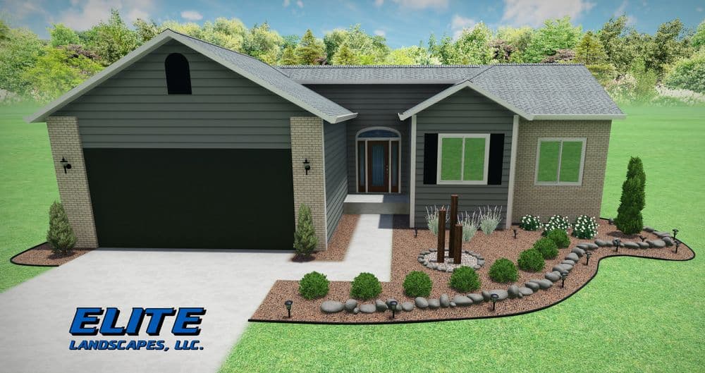 3D rendering of a modern home with landscaping by Elite Landscapes, LLC, featuring a stone pathway.