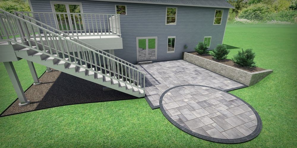 Modern home exterior featuring a patio, landscaped area, and a staircase with railing.