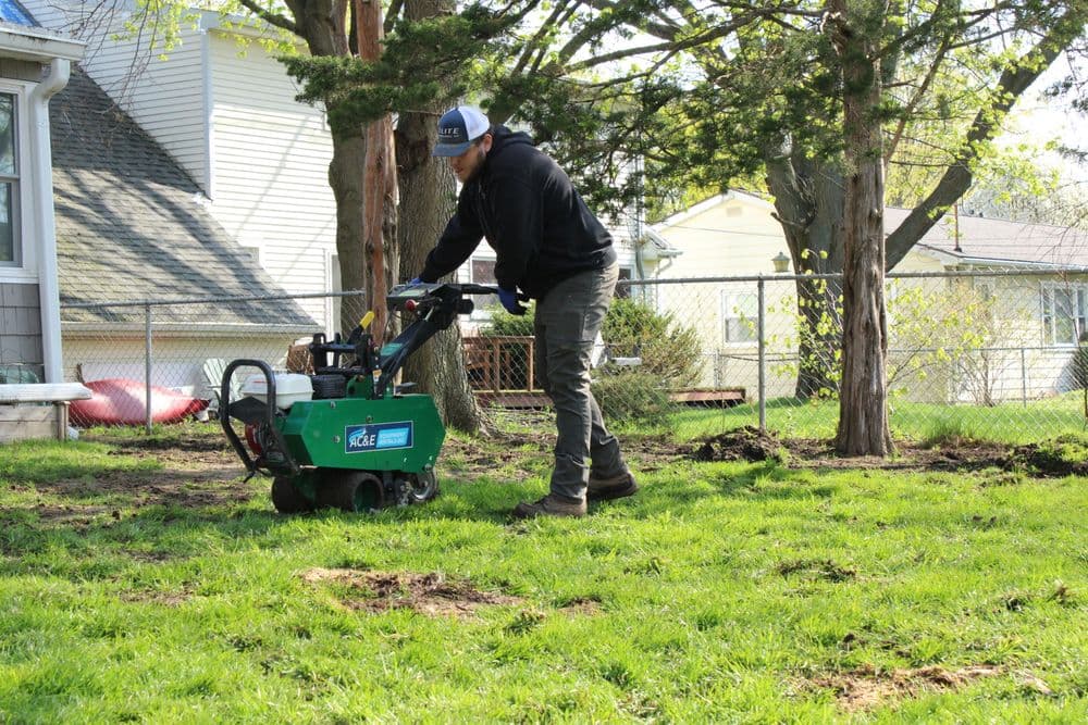 Person using a lawn aerator in a backyard, surrounded by trees and a fence.